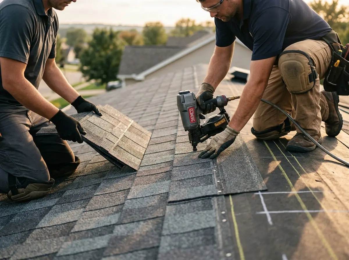 Professional roofer working on a residential roof in Anacortes